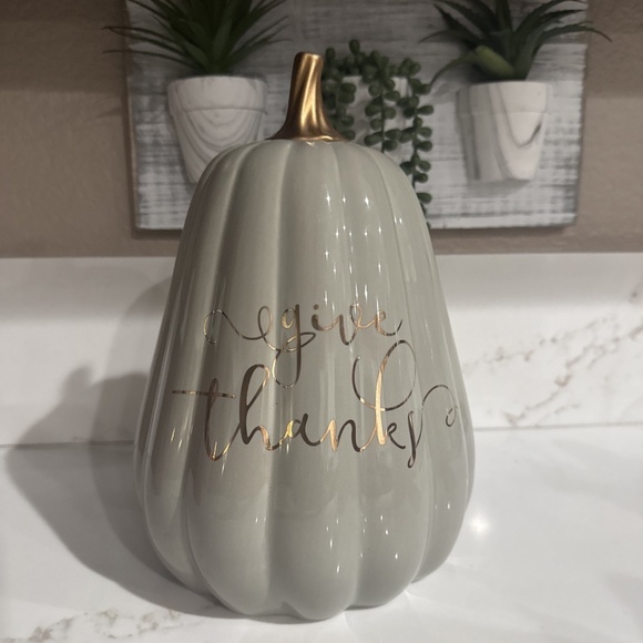 Give Thanks Grey Ceramic Pumpkin Holiday Decor - Picture 1 of 4